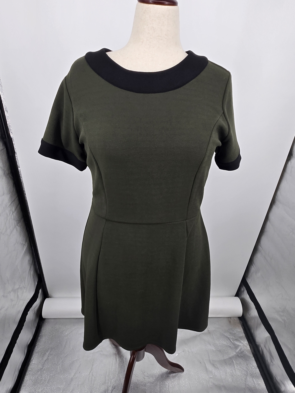 Smak Parlour Olive Green SS Mini Dress with Black Trim 0X (7060)